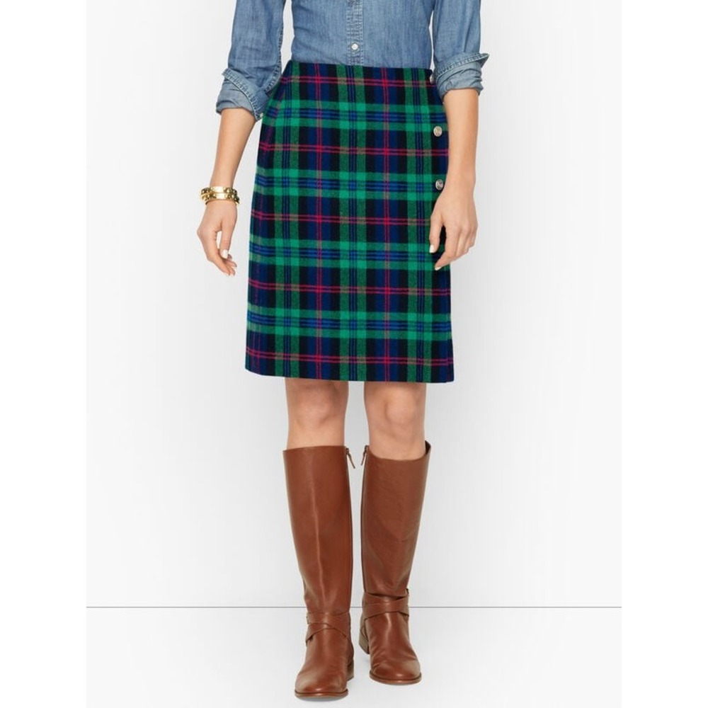 Talbots Wool Blend Tartan Plaid Skirt Size 6 Gold Buttons Dark Academia Preppy